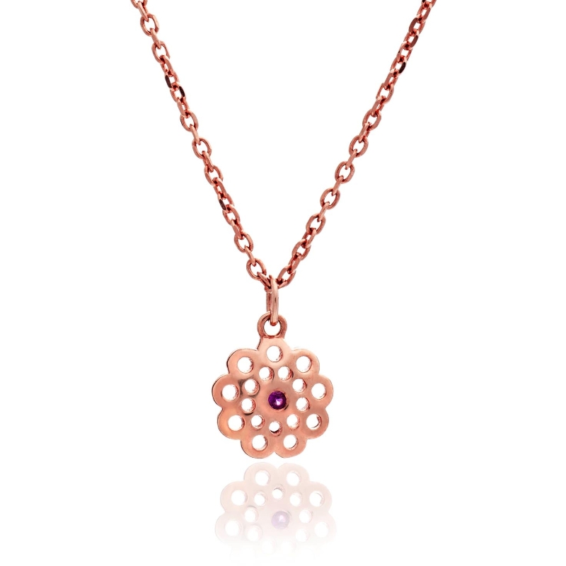 18ct Rose Gold Vermeil On Sterling Silver Paisley Floral Pendant With Diamond Trace Chain Offset With A Vibrant Ruby